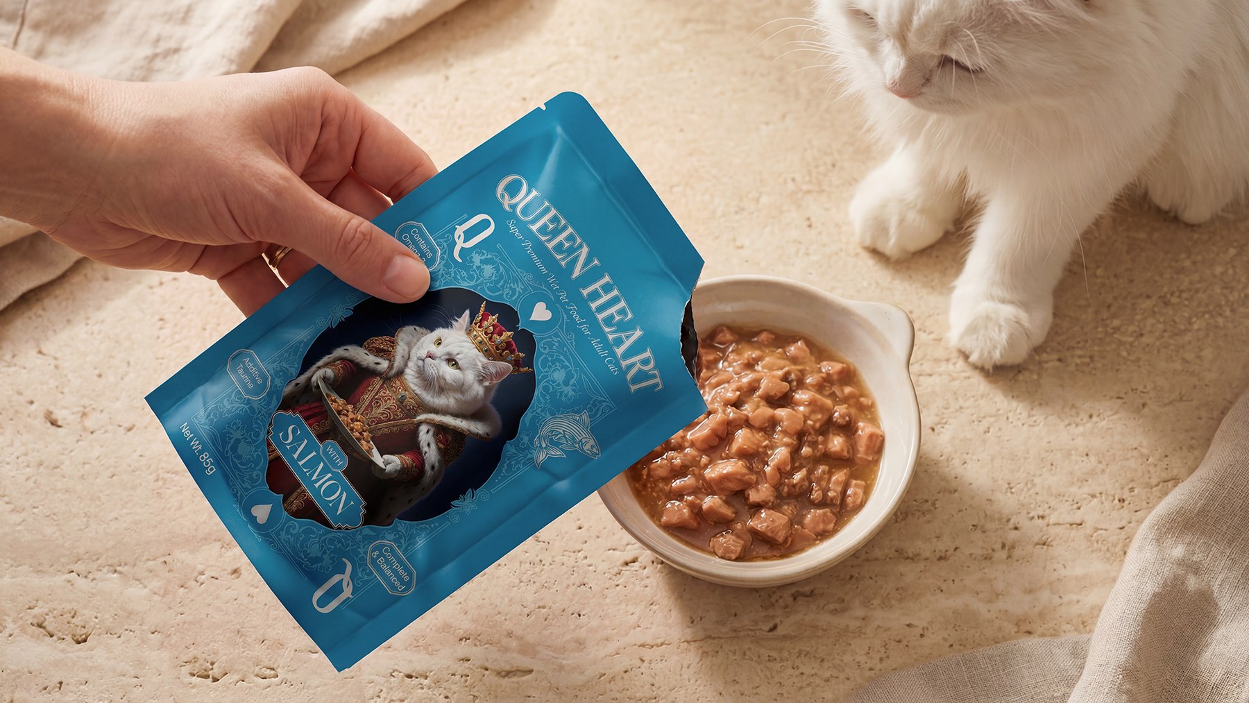 A Queen Heart Salmon pouch being poured into a ceramic bowl as a white cat watches